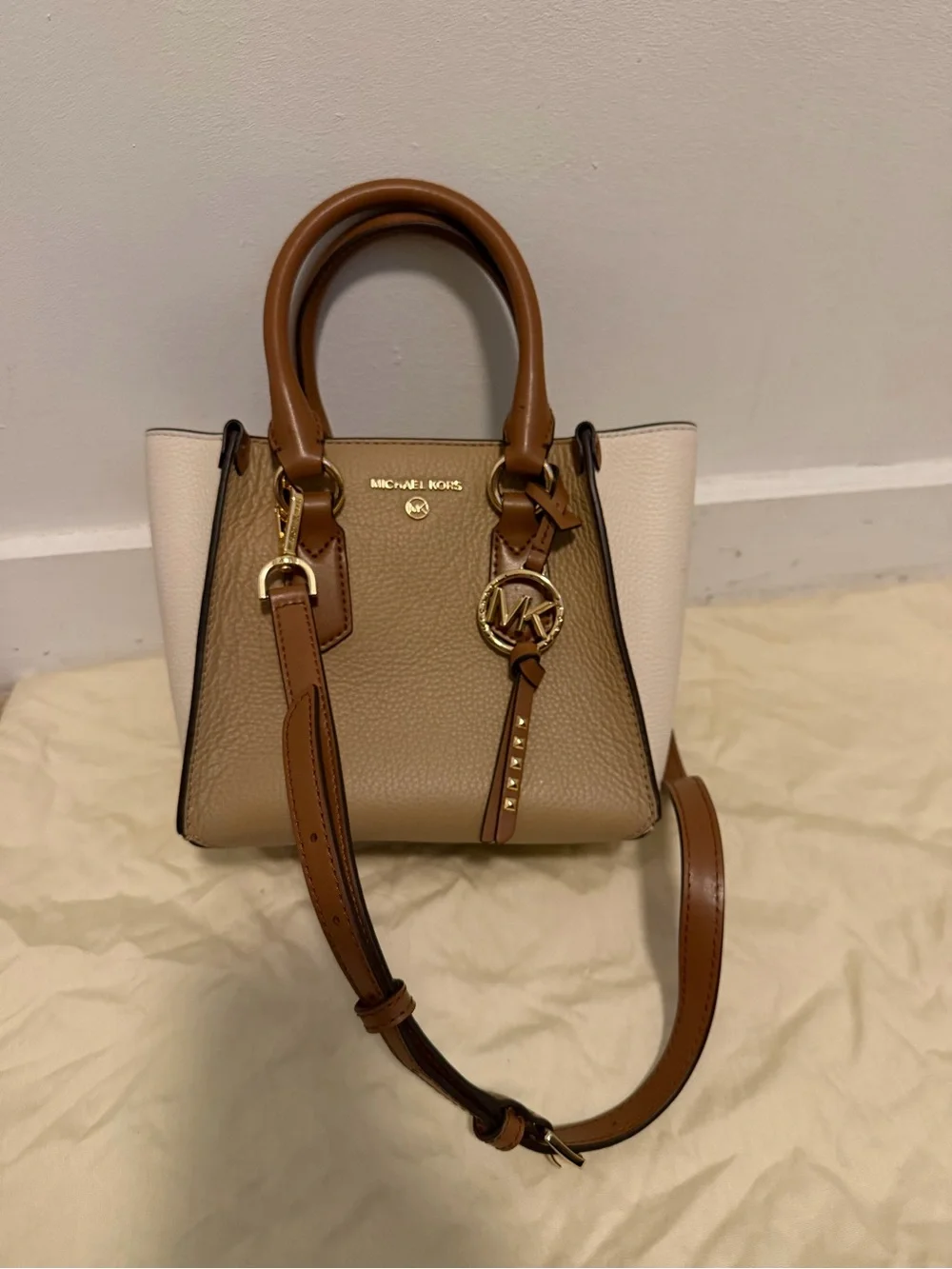 Michael Kors Kris Small Leather Handbag, Tan and Cream Colorblock Leather